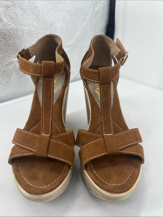 Trendy boutique Shoes - Brown Suede T-Strap Wedge Sandals
